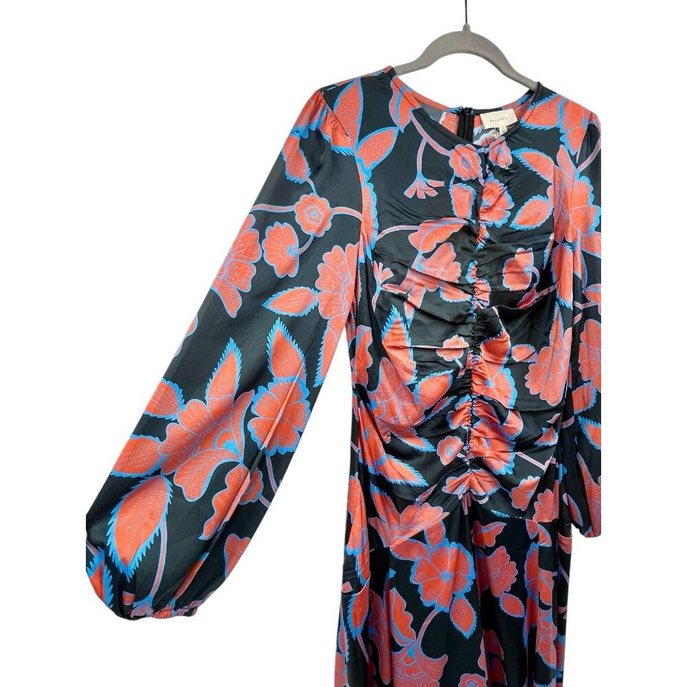 MELLODAY Women's Gray Orange Floral Silky Long Sleeve Maxi Dress NWT Small - Picture 2 of 8